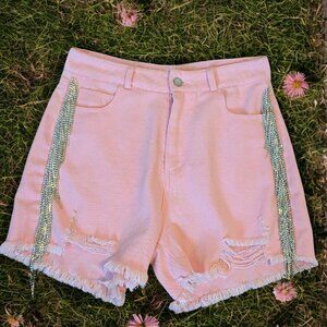High-Waist Pink Denim Shorts with Rhinestone Fringe